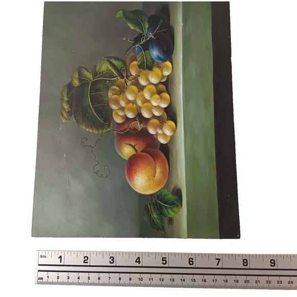 Vintage Still Life Fruit Painting On Board Dark Moody Peaches Grapes 8" x 10" - Picture 4 of 16